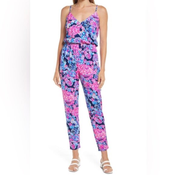 Lilly Pulitzer Dante Jumpsuit XS Pink Blue Tropical Floral Resort Beach Vacation - Picture 9 of 10